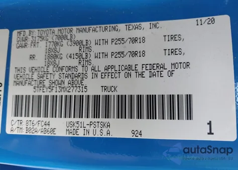 2021 Toyota Tundra Sr5 from USA, damaged, VIN 5TFEY5F13MX277315